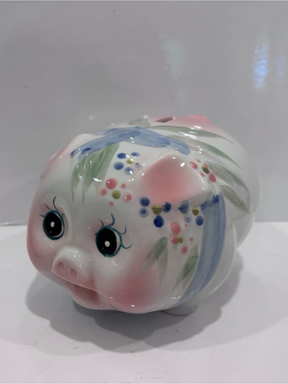 Large ceramic vintage piggy bank hand painted floral pig coin bank large eyes